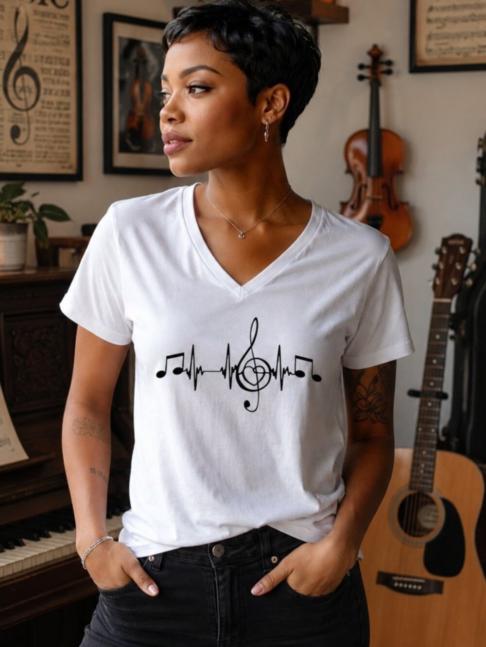 White Music Tee Womens XL Heartbeat Treble Clef V Neck Shirt Singer Graphic